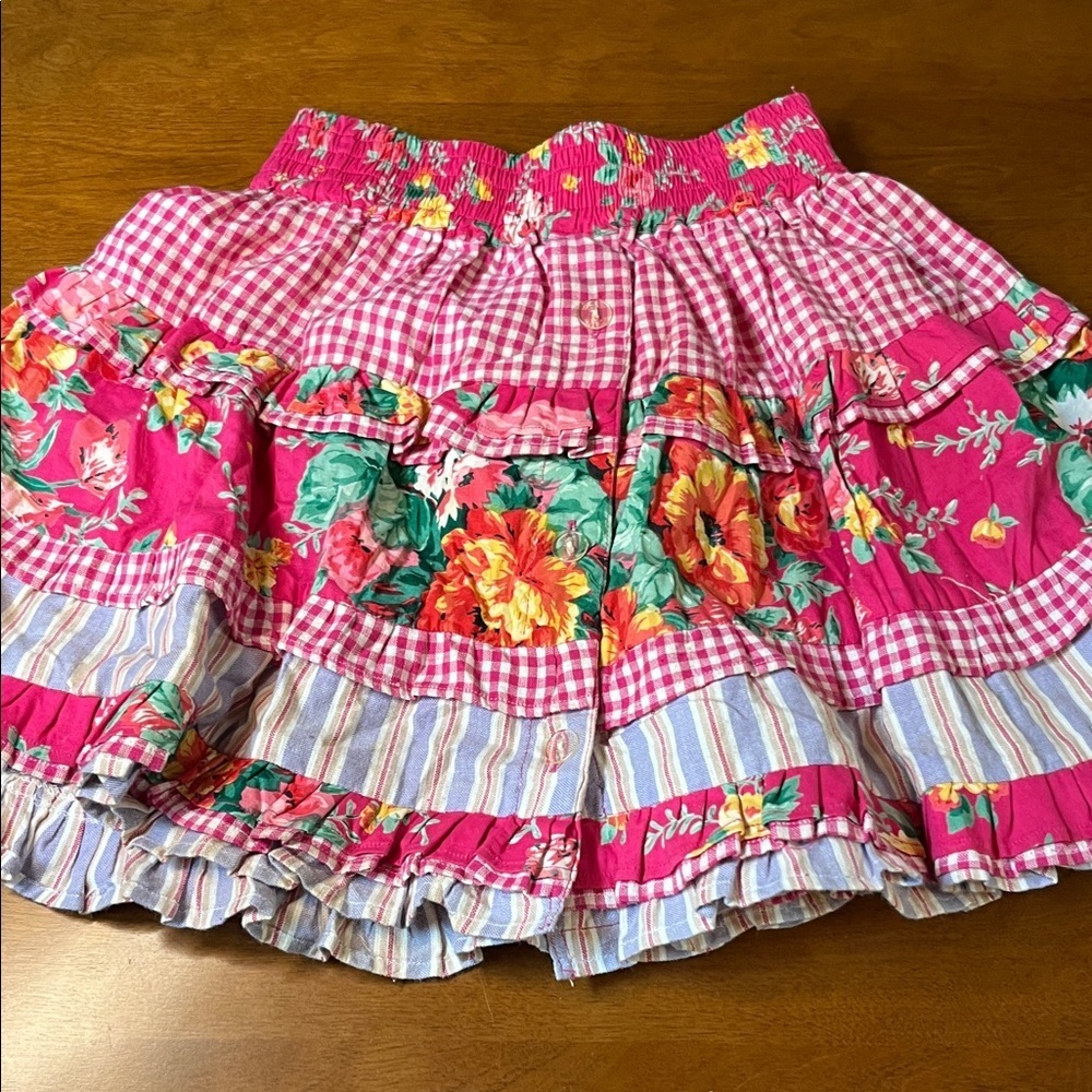 Copper Key Pink Floral Girls Tiered Cotton Skirt Large